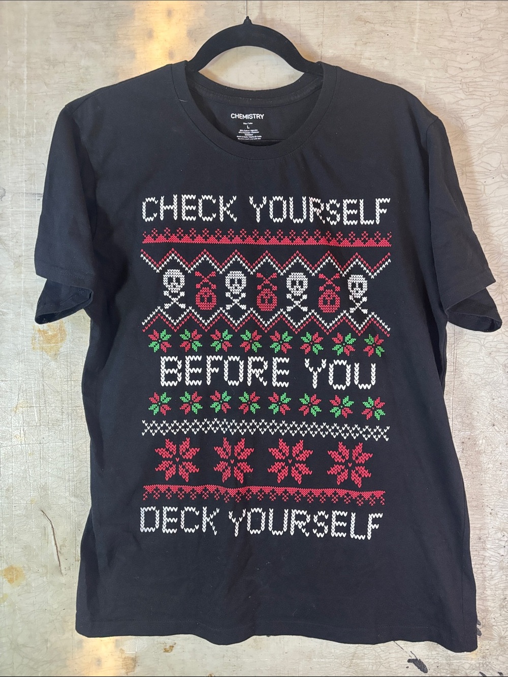 Chemistry Black Holiday Knit-Style Graphic Tee with Red, Green & White